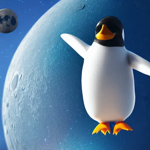 Image similar to insanely high detailed 3D render of a lazy penguin dressed in an astronaut body suit, floating in space, moon in the background, octane render, 4k, trending