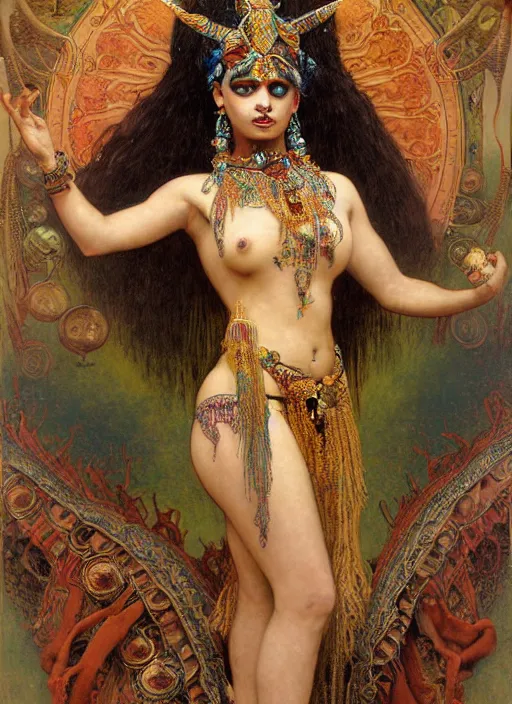 Prompt: hyper realistic painting of mayan gypsy tribal fusion bellydance goth, gold ornaments, flowing fabric, intrincate detail, detailed faces by wayne barlowe, gustav moreau, goward, gaston bussiere and roberto ferri, santiago caruso, and austin osman spare, ( ( ( ( occult art ) ) ) ) bouguereau, alphonse mucha, saturno butto