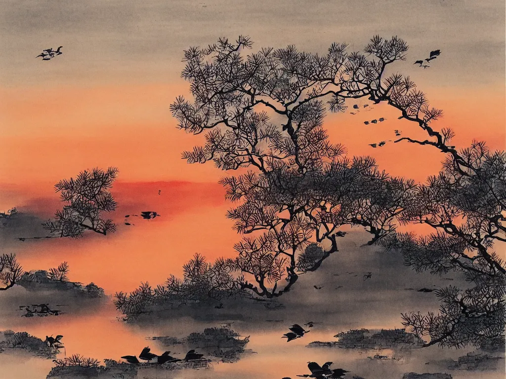 Prompt: rosy clouds fly with lone mallards side by side, autumn waters blend into the hues of th'vast sky, sunset, cinematic landscape ， on a snowy day, natural light, ink painting, traditional chinese painting, by xu beihong