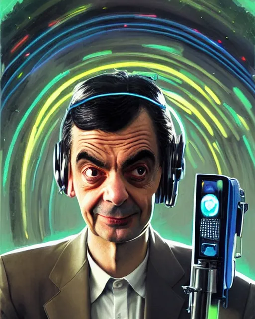 Image similar to mr bean as future coder man looking on, sleek cyclops display over eyes and sleek bright headphoneset, neon accent lights, holographic colors, desaturated headshot portrait digital painting by dean cornwall, rhads, john berkey, tom whalen, alex grey, alphonse mucha, donoto giancola, astronaut cyberpunk electric