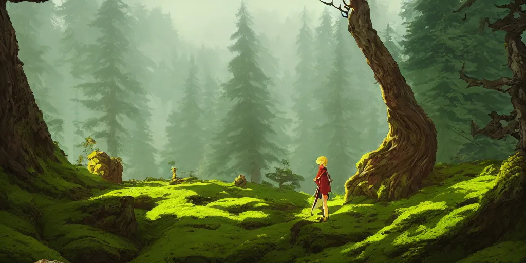 Prompt: a lonely forest background in transylvania, rocks, dead trees, a castle in the background, moss, in the style of studio ghibli, j. c. leyendecker, greg rutkowski, artgerm