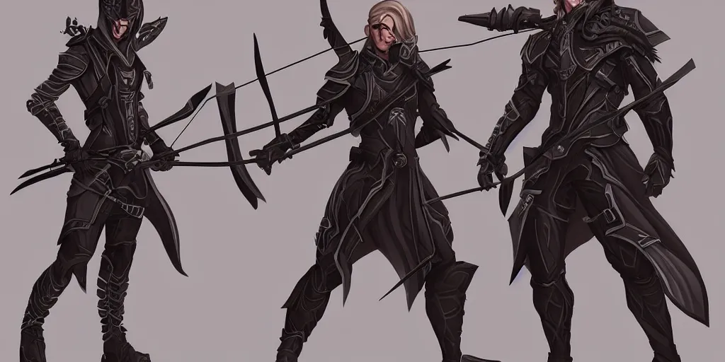 Prompt: character concept art for a dark cyber-archer, detailed illustration, epic poses