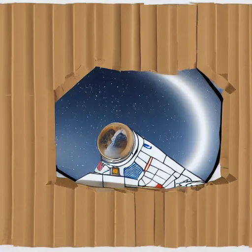 Image similar to an interior movie set made entirely of cardboard duct tape of an alien space ship, there's a window which is a poorly rendered jpeg of space, the astronauts are wearing blocky cardboard spacesuits, and the alien is a cardboard stand hastily colored in with crayon, photorealistic