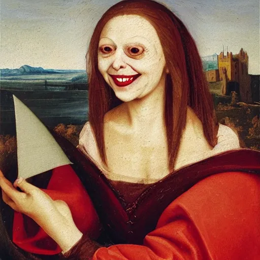 Image similar to an oil painting of an extremely ugly pale vampire woman smiling with skin condition in expensive renaissance dress, Renaissance painting, Renaissance Port City background, vampire teeth, 1450, holding paper fan