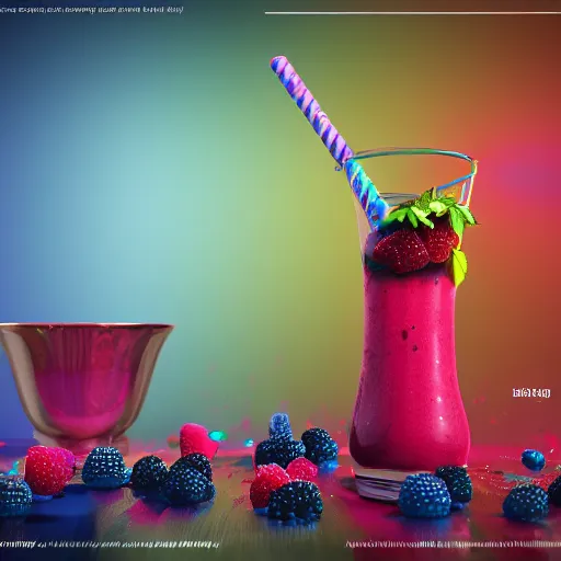 Prompt: raspberry, blueberry, vanilla smoothie explosion, intricate complexity, inverted neon rainbow drip paint, trending on art station, photoreal, 8 k, octane render