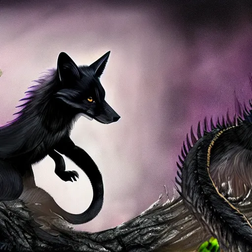 Prompt: feral chimera of a black fox and black dragon, with purple eyes, fantasy forest background, digital art