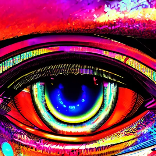Prompt: Cybernetic Eye with intricate reflections, Close up, colorful, fantasy, vivid colors, concept art, sharp focus, digital art, Hyper-realistic, 4K, Unreal Engine, Highly Detailed, HD, Dramatic Lighting by Brom, trending on Artstation
