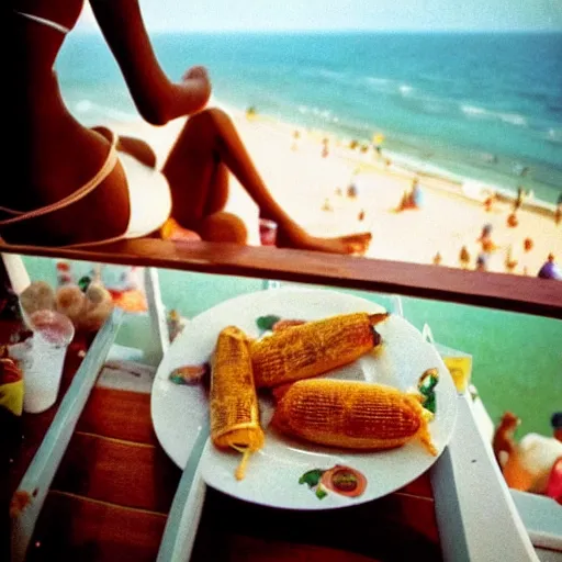 Prompt: Eating a Acarajé on the balcony watching the Brazil Beachs, photo made by Slim Aarons, award winning,