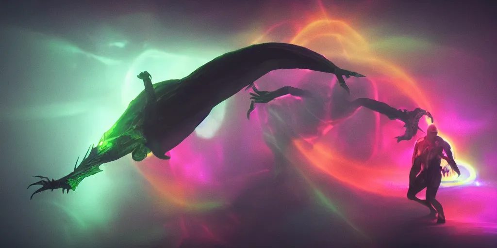 Image similar to reptilian humanoid fighting a huge banshee, with a radiant spectrum, rendered in octane, minimalism