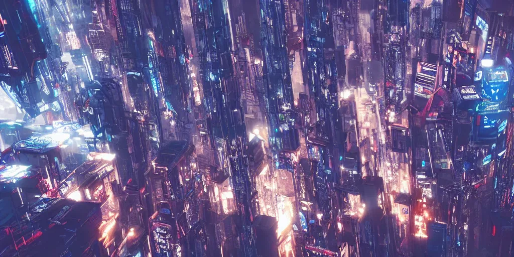 Image similar to Flying through a cyberpunk city, CGI, Imax