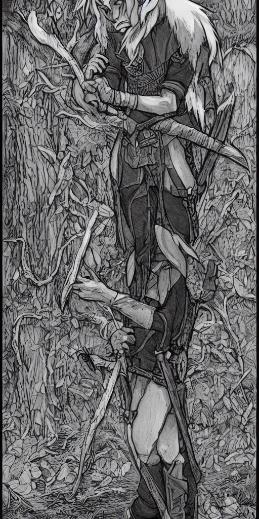 Prompt: an wood elf boy getting ready for an high fantasy adventure on the mountain side, anime style, tarot card, Tarot card the fool, intricate detail, fine line work