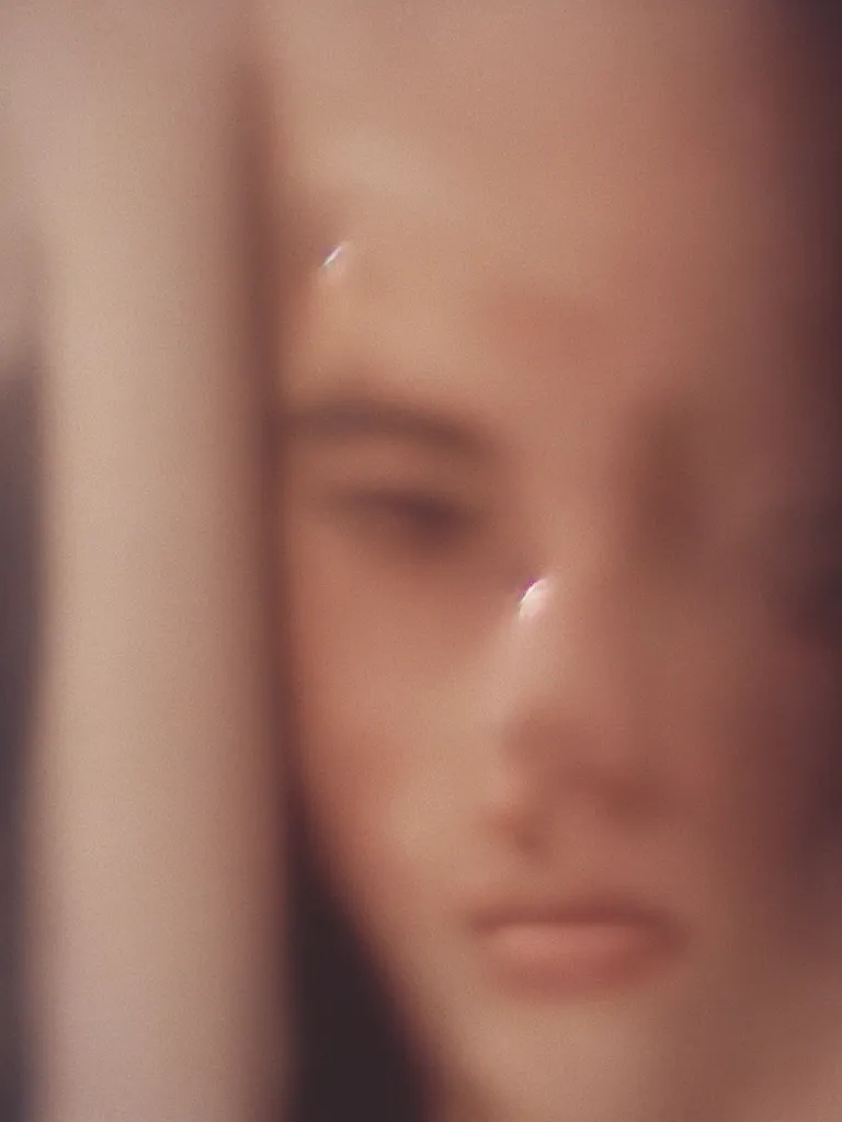 Prompt: close-up photographic portrait of a woman’s face, captured in low light, soft focus, the woman’s features are slightly blurred, Cinestill 800t,