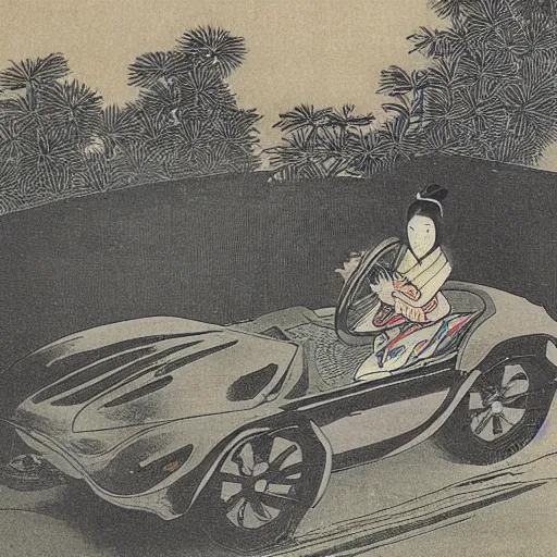 Image similar to a japanese print of a woman driving a frog car