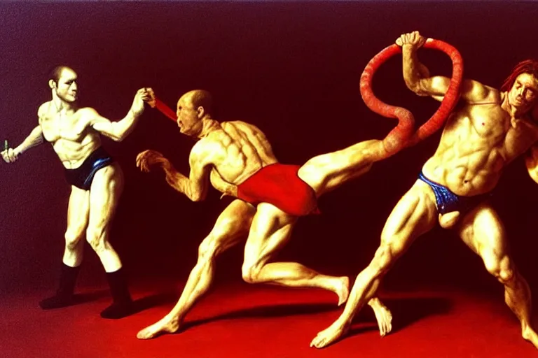 Prompt: only with red, ney matogrosso wrestling with a giant cobra, a red tiger, in hoc signo vinces, 2 0 3 0 rome in background, an ancient sword and battle, painting by gottfried helnwein, intricate composition, red by caravaggio, insanely quality, highly detailed, masterpiece, red light,