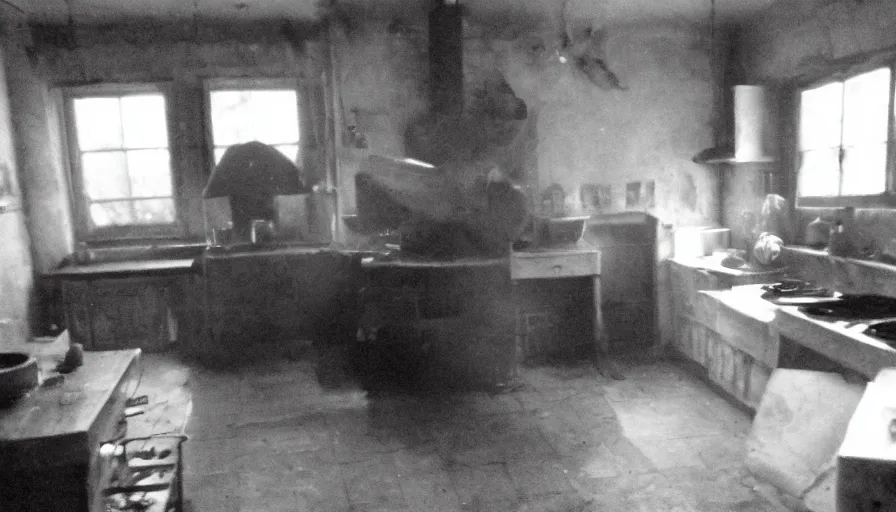 Image similar to a rhinoceros in a burning stalinist style kitchen, mini dv camera found footage, very very low quality picture, heavy grain, caught on security camera, heavy jpeg artifact, night vision very blurry, caught on trail cam, 1 4 4 p, ultra wide lens