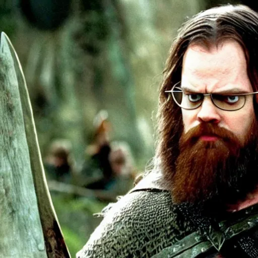 Image similar to dwight schrute playing gimli in lord of the rings