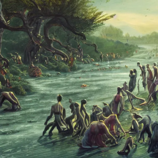 Image similar to a cinematic painting of alien tentacles emerging from the water of a river, hoards of people are gathering around the riverbed, wind blowing the leaves from the trees