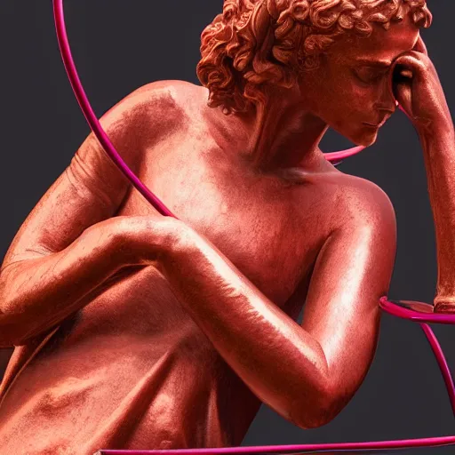 Image similar to a renaissance statue inside a neon ring sculpture, black background, ray tracing, 3 d render, 8 k resolution, shar focus, hyper detailed, hyper realistic