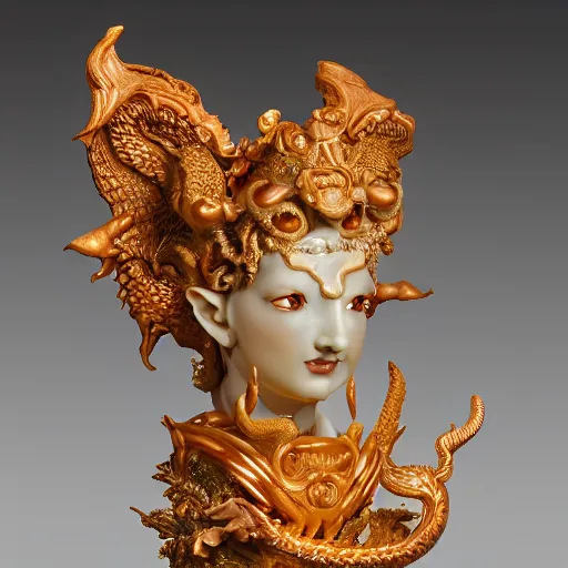 Image similar to a closeup photo, face, rococo alabaster and ruby real delicate ceramic porcelain sculpture of an ornate detailed dragon god in front of an intricate background by rafael, micro detail, backlit lighting, subsurface scattering, translucent, thin porcelain, fire, flames, amber, octane renderer, colorful, physically based rendering, trending on cgsociety