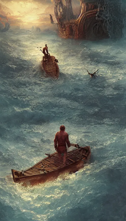 Prompt: man on boat crossing a body of water in hell with creatures in the water, sea of souls, by marc simonetti