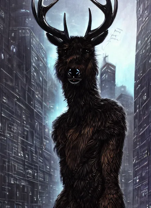 Prompt: aesthetic portrait commission of a of a male fully furry anthro black deer with a tail and a beautiful attractive hyperdetailed face wearing wearing a outfit in a sci - fi dystopian city at golden hour while it storms in the background. character design by dayer, diego 5, detailed, inked, western comic book art, award winning film poster painting