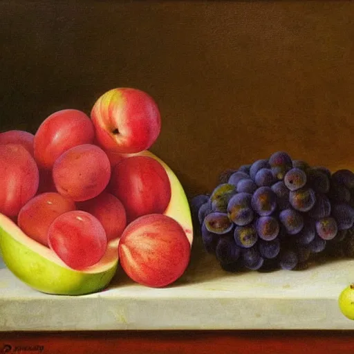 Prompt: grapes, figs, apples, plums. melon watermelon on the village table, still-life, by David Brown, water painting,