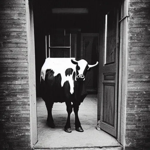 Prompt: creepy picture of disfigured cow standing at the front door