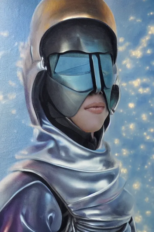 Image similar to hyperrealism oil painting, close - up portrait of caucasian medieval fashion model, knight, steel gradient mixed with nebula sky, in style of baroque mixed with 7 0 s japan book art