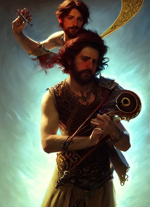 Prompt: male bard playing lute, full body, hyper realistic, extremely detailed, dnd character art portrait, dark fantasy art, intricate fantasy painting, dramatic lighting, vivid colors, deviantart, artstation, by clyde caldwell and krenz cushart and artem demura and john williams waterhouse