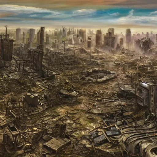 Prompt: a post-apocalyptic civilisation after nuclear war has ravaged the land, oil on canvas, pastel colours, uplifting, 8k render, extremely detailed