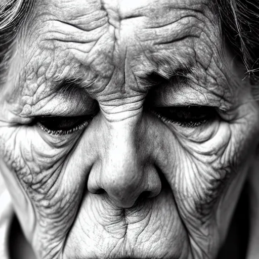 Prompt: sad old woman with heavy wrinkles, wispy grey hair and a tear rolling down her cheek, looking down. portrait photography, photorealistic.