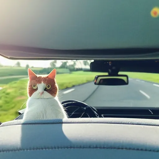 Image similar to top view of cabriolet, cat behind steering wheel looking happy, golden hour