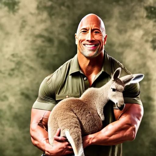 Prompt: dwayne johnson holding a kangaroo, he is wearing a safari outfit and a pith hat, studio photography, 8 k