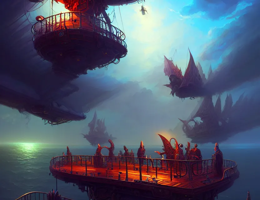 Prompt: standing upon the deck of the flying ship, d & d fantasy art, artstation contest winner, beautiful digital painting in the style of dan mumford, art by kev chan, volumetric lighting, concept art, speedpainting, fantasypunk, deep colors, cgsociety, by art germ, by gerald brom, by peter mohrbacher