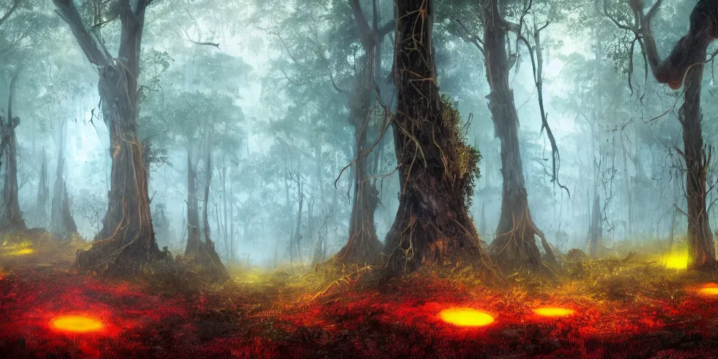 Prompt: ancient neurons with yellow and red glowing synapses running through the forest fueling the matriarch of trees, light creeps through the dense jungle, jungle mountains in the background with huge incredibly immense trees, highly detailed, hyperrealism, trending on art station, ancient forest like fanal forest or fangorn forest, misty forest, realistic painting, sharp image, hyper realistic art, highly detailed leaves, cinematic