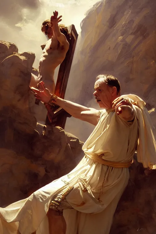 Image similar to beautiful oil painting portrait of ancient roman god emperor steve buscemi hovering in the air wearing the civic crown levitating and ascending in stations of the cross pose, art by anders zorn, wonderful masterpiece by greg rutkowski, expressive brush strokes, beautiful cinematic light, american romanticism by greg manchess, jessica rossier