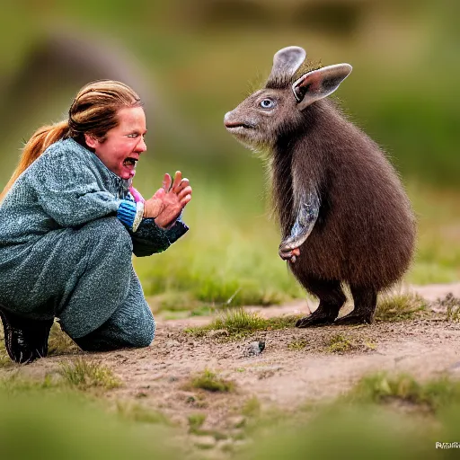 Image similar to photorealistic photograph of female dwarf telling a joke by Suzi Eszterhas, photorealism, photorealistic, realism, real, highly detailed, ultra detailed, detailed, f/2.8L Canon EF IS lens, Canon EOS-1D Mark II, Wildlife Photographer of the Year, Pulitzer Prize for Photography, 8k