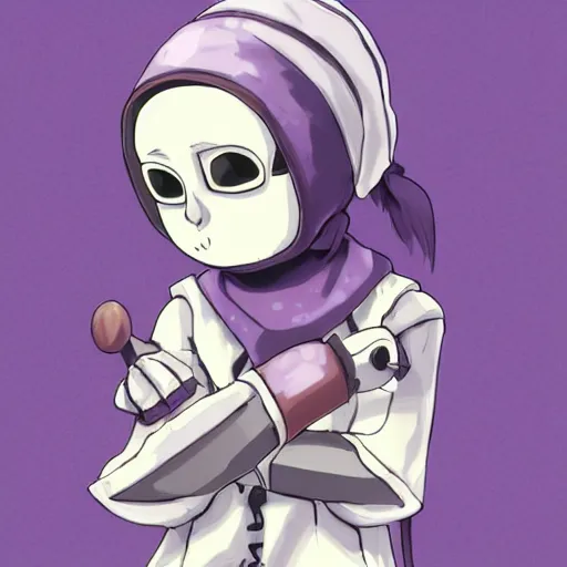 Prompt: cute little boy wearing an skull mask and dressed in an nun outfit, purple color palette, artwork made in made in abyss art style, inspired in ddtank and hirohiko araki, ray tracing, soft details, anatomically correct, aesthetic