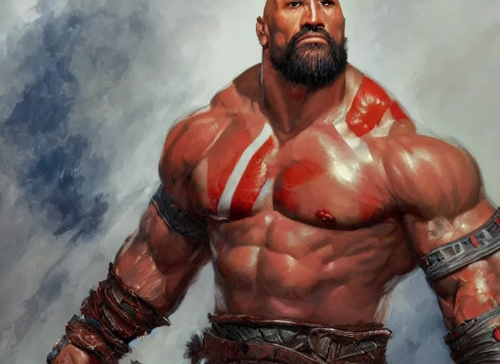 Image similar to a highly detailed beautiful portrait of dwayne johnson kratos hybrid god of war, by gregory manchess, james gurney, james jean, octane, fantasy