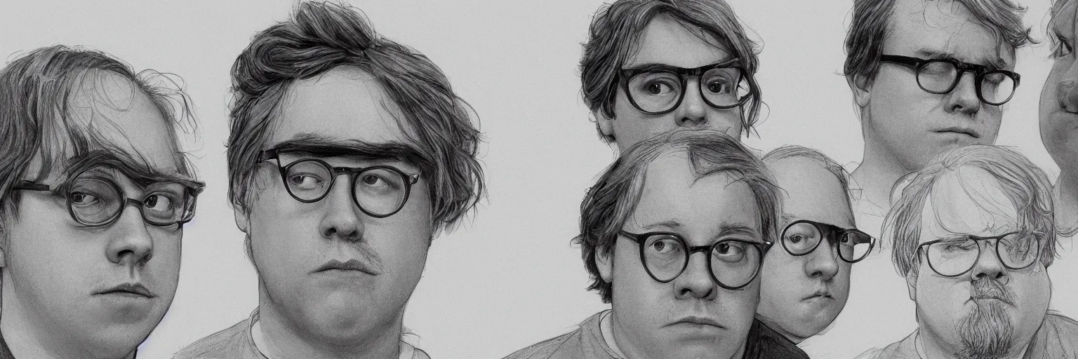 Image similar to character study of todd solondz and philip seymour hoffman and paul dano, 2 0 2 2, clear faces, emotional, character sheet, fine details, concept design, contrast, kim jung gi, pixar and da vinci, trending on artstation, 8 k, full body and head, turnaround, front view, back view, ultra wide angle