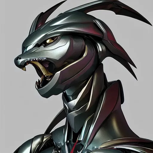 Image similar to stunning bust of a beautiful anthropomorphic humanoid robot mecha female dragon, with smooth and streamlined armor, standing and posing elegantly, well detailed dragon head with epic LED eyes and a warm maw, sharp and sleek design, two arms, two legs, long tail, beautiful digital art, artstation, DeviantArt, FurAffinity, professional, depth of field, close-up, hd, octane render, sunset lighting