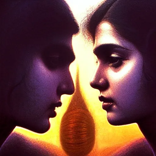 Image similar to perfectly - centered movie promotional poster - photograph of a young indian guy and a beautiful girl side profile faces symmetrical ; real life portrait by beksinski and jean delville, romantic theme, two lovers sharing one heart, unreal engine 5, photorealism, hd quality, 8 k resolution, cinema 4 d, hdr dramatic lighting ; symmetrical, cinematic, high coherence