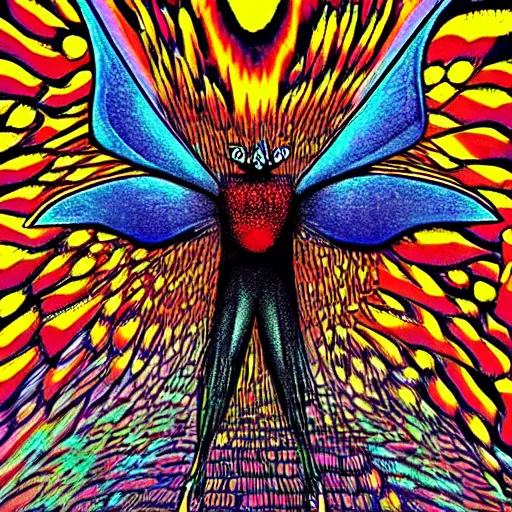 Image similar to Psychedelic mothman by Junji Ito and Satoshi Kon, post-processing, beautiful