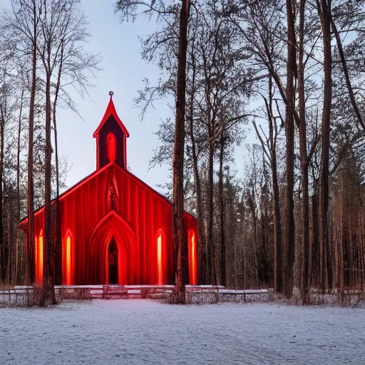 Prompt: photograph of a midwestern church at night with red light coming from the windows, ominous forest in the background