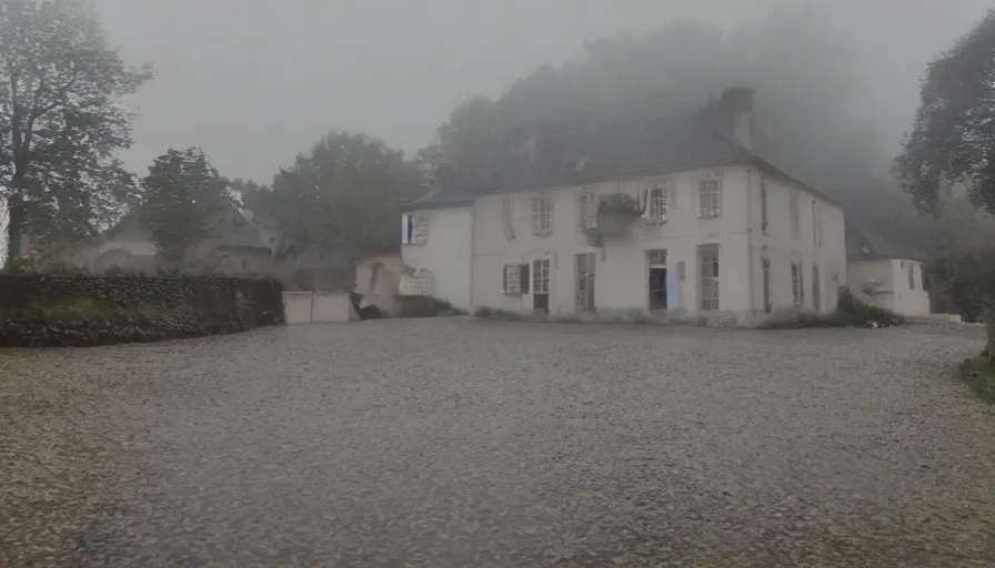 Prompt: mini dv camera found footage of a heavy burning french style little house, heavy rain, foggy, in a small northern french village, heavy grain, very low quality, high detail, dramatic light