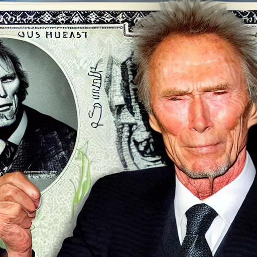 Prompt: a £ 2 0 pound note with clint eastwood instead of the queens head