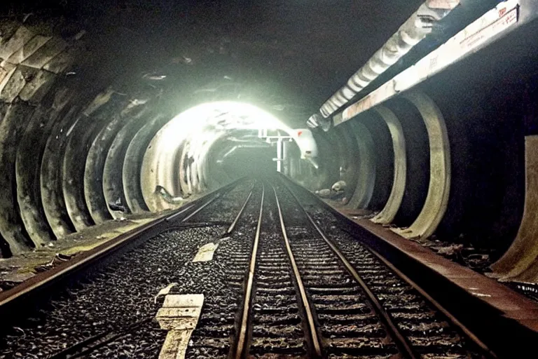 Prompt: very large giant mutant zombie irradiated ( angry rat ) staying on railways in tonnel of moscow subway. tonnel, railways, giant angry rat, very realistic. extreme long shot, low dark light, anish kapoor, herman nitsch, giger.