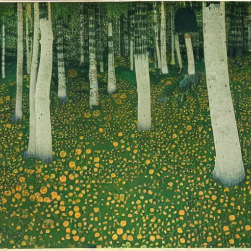 Image similar to Looking down at the forest floor at a 45 degree angle, covered in fallen leaves, A green gold forest in Japan, dark, midnight, ghostly white trees, Gustav Klimt