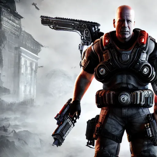 Prompt: Bruce Willis as a gears of war 4 videogame character, undertailed, 8k render,