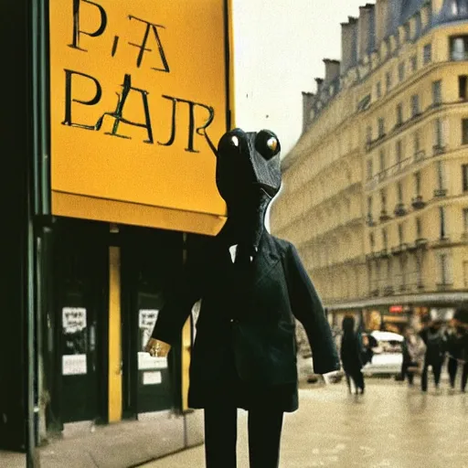 Prompt: a real photo by saul leiter of a small anthropomorphic dinosaur wearing a suit and standing in paris while holding a baguette